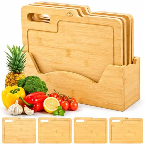 ZENFUN 12.5 L x 9.8 W Bamboo Cutting Board Set of 4, Wood Cutting Board with Holder & Food Icons, Chopping Boards Set for Meat, Fish, Bread, Vegetable, Fruit, House Warming Gift