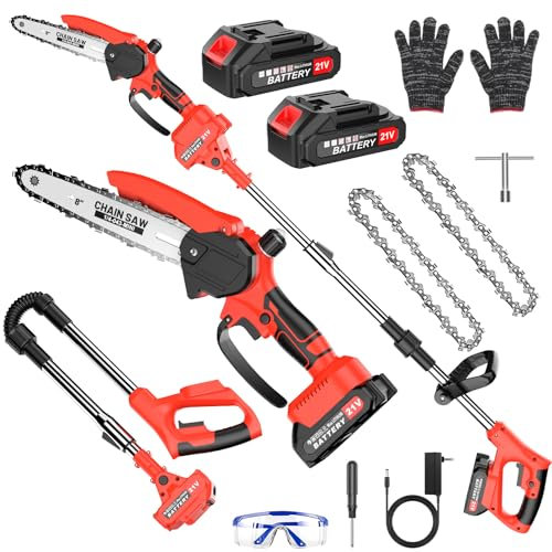 2-in-1 Cordless Pole Saw & Mini Chainsaw, 8-inch Electric Saw Brushless with 2 * 1500mAh Battery, Telescopic Motor Head 180° swiveling, Chain Saw with Extension Pole for Wood Cutting Trimming (Red)