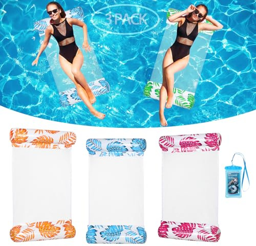 3/5 Pack Leaf Pattern Pool Hammock - Upgraded 4-in-1 Water Float (Hammock/Saddle/Lounge Chair/Drifter) with Free Waterproof Phone Pouch - Non-Stick PVC Pool Floats