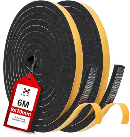 XEEINC 6M Guarnizione Porta Finestra, 9mm(L) X 10mm(P) Guarnizione Adesiva in Schiuma per Porta Blindata, Resistente alle intemperie, Isolamento Acustico, Anti-Collisione - Nero