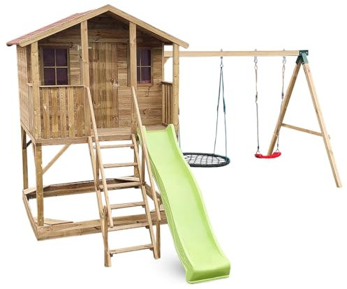 Wood & Play - Kinderspielhaus aus Holz mit Rutsche und Schaukel, Ola Spielhaus Kinder aus Echtholz, Outdoor Holzhaus Spielhütte, Gartenhaus für Kinder, Garten-Sommerhaus - Einfacher Aufbau