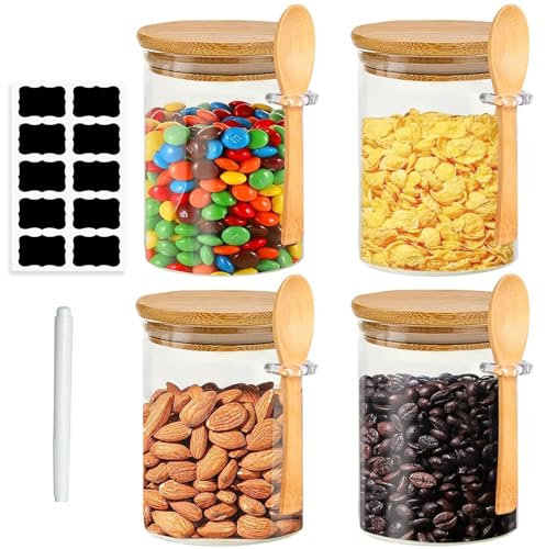 Kezidhp Set da 4 Barattoli Ermetici in Vetro da 540ML con Coperchio e Cucchiaio - Contenitori per Conservazione Alimenti, Ideali per Tè, Caffè, Spezie, Zucchero, Farina e Cereali