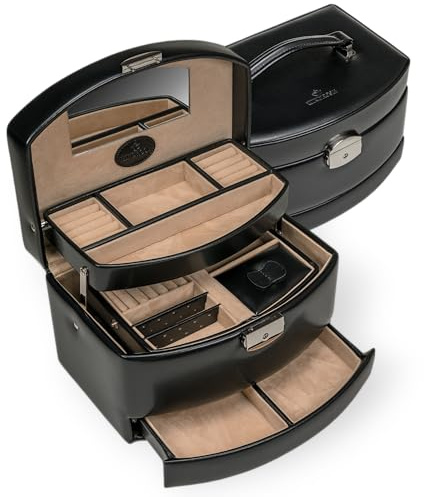 Windrose Automatik-Schmuckkoffer mit Reiseeinsatz merino/schwarz