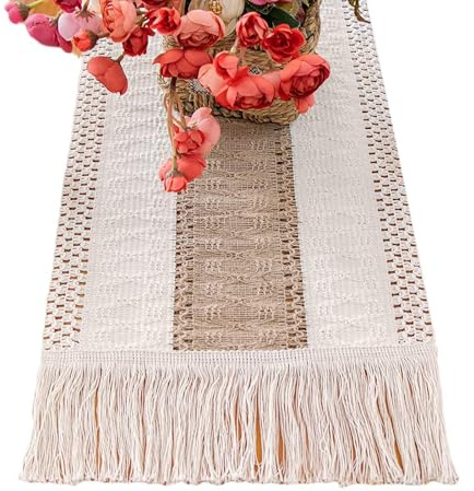 Mode Runner da Tavolo Boho Marrone & Cotone con Pannelli, Lavabile Decorazione Tavolo in Stile Casale per Festa, Compleanno, Matrimonio, Decorazione Rustica Casa,30x140cm