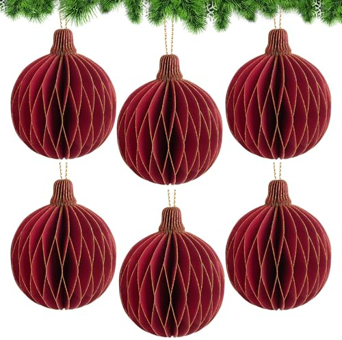 BETESSIN Christbaumschmuck Weihnachtskugeln Rot - 6 Stück 3D Weihnachtsanhänger mit Christbaumkugeln Design - Weihnachtsbaumschmuck Papier - Weihnachtsdeko zum Basteln Weihnachten (8 cm ⌀)