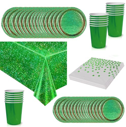 65 piezas Juego de Vajilla Desechable Verde Foil,Platos Desechable Decoración Cumpleaños Fiesta Compostables,Platos Servilletas Biodegradable Copa de Papel y Mantel,para Bodas,Picnics,Baby Shower