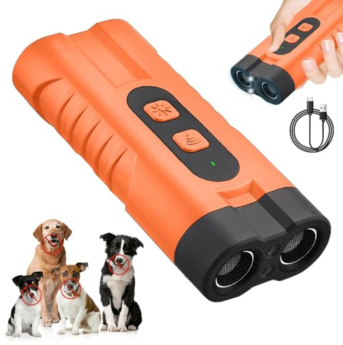 RIRIDAMAI Anti Bell Gerät Hunde, Ultraschall Hundeabwehr, Wiederaufladbar Antibell Ultraschall Gerät mit LED-Taschenlampe für Kleine Große Hunde Innen Außenbereich Hund (Oranger Doppelkopf)