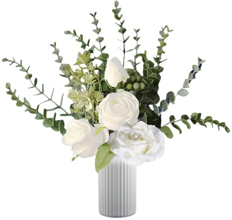 MuxyFloral Faux Flowers in Vase - Realistic Silk Roses & Eucalyptus Artificial Arrangement | No Fade Eco-Friendly PLA Vase | White Artificial Flowers for UK Home/Office/Dining Table/Wedding Decor