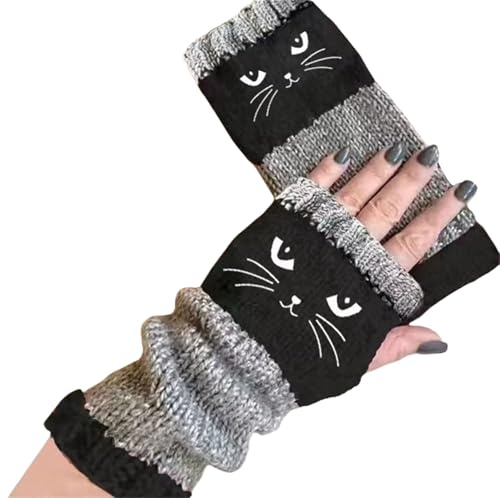 Generisch Strickhandschuhe im Vintage-Stil mit niedlicher Katzenstickerei, fingerlos, warme Winterhandschuhe mit Katzenmotiven Fingerlinge Handschuhe