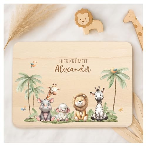 Little-Deco Personalisiertes Frühstücksbrettchen aus Holz, Hier Krümelt Brettchen für Kinder, Individuelles Holzbrett mit zertifiziertem UV-Druck, Taufgeschenk und Babygeschenk XFL1034