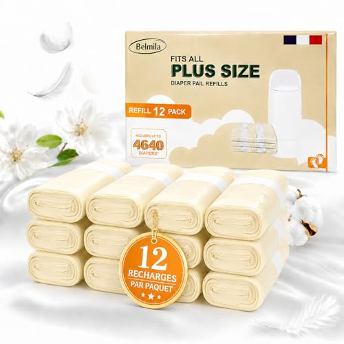 BELMILA® – Pack XXL – 12 Recharges poubelle à couche de 7,5 m – Compatible avec recharge poubelle à couche Tommee Tippee et Angelcare – Antibactérien– Parfumées– Anti-Odeur– Sans BPA– 100% Recyclées