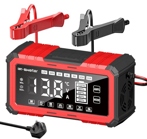 SWTsweter 16A Car Battery Charger, 12V/24V Lifepo4 Lead Acid Battery Charger, Upgraded Automobile Smart Trickle Battery Maintainer for AGM, Car Motorcycle Boat Caravan