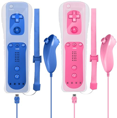 Leikurvo Pack de 2 manettes Wii Remote, manette Wii avec Nunchuk pour WiiRemote Plus, manette de remplacement pour console WiiU (Bleu + Rose)