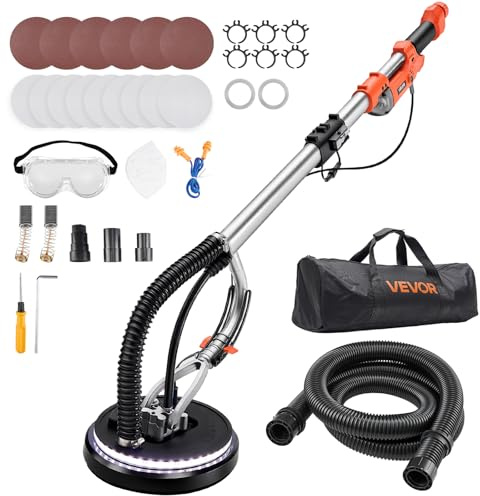 VEVOR Drywall Sander, 1010W Electric Drywall Sander, Popcorn Ceiling Removal Tool with 7 Variable Speed 1000-2200 RPM, Double-Deck LED Light, Foldable & Extendable Handle, 15 Sanding Discs, Dust Hose
