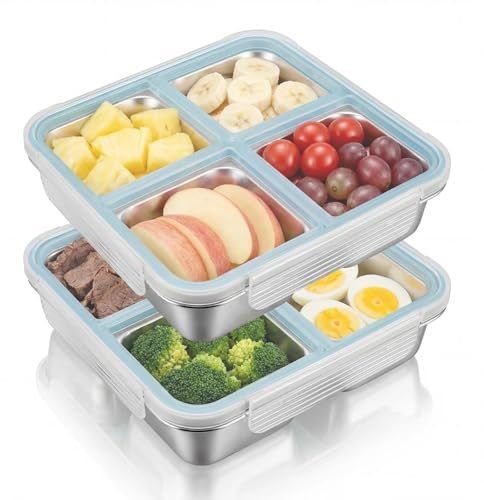 Zynaxir 2 Pcs Snack Box with 4 Compartments Lunch Boxes Reusable Stainless Steel Bento Box Leakproof Metal Food Containers with Lids for Home Work Travel (720ML, Blue)