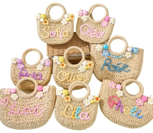 Bolsa de playa de paja personalizada bordada para niñas, bolsa de mano personalizada, cesta de florista para boda, viaje, regalos de cumpleaños (pequeña)