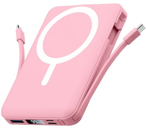 Gawegar Power Bank per Magsafe 10000mAh Compatibile con Serie iPhone 12-17 | 15W Wireless + 20W PD, 2 Cavi USB-C Integrati, Display LED, Sicuro in Aereo, Portatile per Viaggi e Uso Quotidiano - Rosa