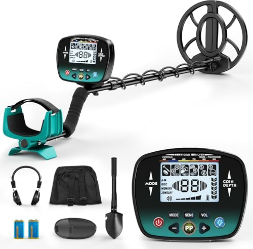 Rilevatore di metalli per adulti e bambini, con 5 modalità e pinpointer, impermeabile IP68, bobina di ricerca da 25,4 cm, display LCD (0-99 ID), regolabile da 122 a 148 cm, set completo con pala