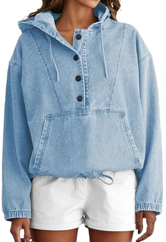Dam casual jeansk huvtröja jacka knappar framtill tröja | Jean sweatshirt, mjuk denimstil, bekväm huvtröja lager, trendig vardaglig ytterkläder jacka