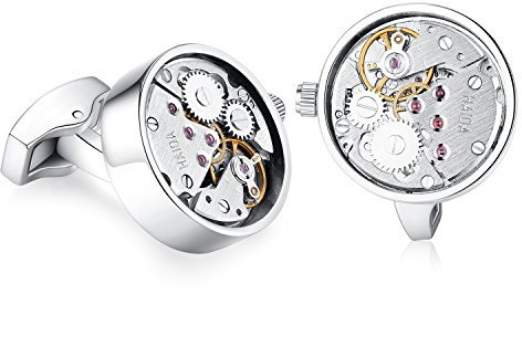 HONEY BEAR Gemelli Movimento Dell'orologio Steampunk Per Uomo Camicia, giro acciaio per regalo di nozze affari con scatola (Argento)