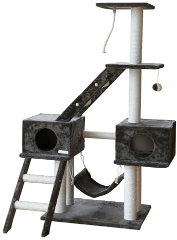 Kerbl Pet Kratzbaum Granat | Dunkelgrau, 70 × 50 × 150 cm, Holz, Plüsch und Sisal, inklusive Spielseil und Spielball