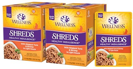 Wellness Healthy Indulgence Shreds Adult Wet Cat Food, Natural, Protein Rich, Grain Free, Tuna and Shrimp Recipe, 3 oz, Pack of 24 Pouches
