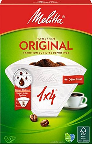 Melitta, 80 Kaffeefilter, Größe 1 x 4, für Filterkaffeemaschine, 1 Beutel Entkalker inklusive, Original, weiß