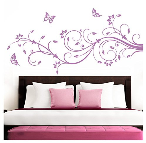 Grandora Wandtattoo XXL Blumenranken Schmetterlinge Blumen I Flieder (BxH) 210 x 81 cm I Schlafzimmer Liebe Flur Wohnzimmer modern Aufkleber Wandaufkleber W1073