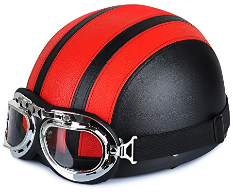 Annong Casque de Moto et Velo Bol Lunettes Retro Style de Vintage Cuir Harley Casque Moitié Helmets 54-60cm (Rouge)