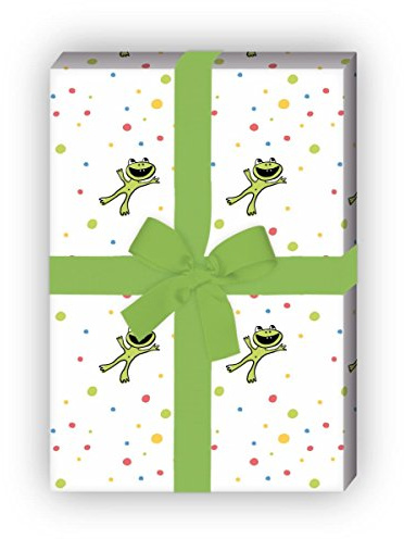 Fröhliches Frosch Geschenkpapier Set (4 Bogen) mit bunten Punkten für tolle Geschenk Verpackung zur Taufe, Geburt, Ostern, Geburtstag, Hochzeit, Weihnachten 32 x 48cm, orange braun