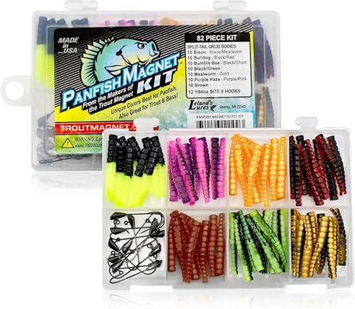 Trout Magnet 82 Piece Panfish Magnet Kit, with A Longer Shad Dart Hook, Includes 70 Split Tail Grub Bodies, 12 Black Size 8 Mustad Hooks, Catches All Types of Fish