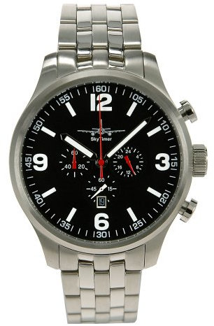 SkyTimer 501025003 - XXL-Fliegeruhr, Quarzwerk Miyota OS20, Edelstahlgehäuse 47mm, 5 ATM wasserdicht, Edelstahlband