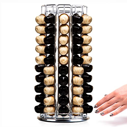 Peak Coffee Capsule Holder Stand for 140 Nespresso Original Line Pods - Revolving Tower Rack Dispenser for Storage & Organisation - Modern Chrome Finish - 360 Degree Revolving
