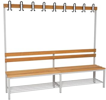 furni24 Umkleidesitzbank mit Stahlrahmen, Garderobenbank Sportraum Bank für Fitnessstudio Buche Echtholz, lackierter, Hakenleiste und TÜV/GS getestet - 200 cm Einseitige mit Schuhrost - Grau