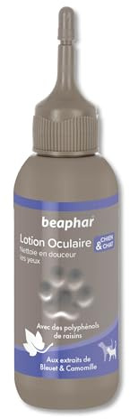 Beaphar – Lotion oculaire Premium pour Chien et Chat – Aux polyphénols de Raisin – Contient de la Camomille et du Bleuet – Nettoie en Douceur Les Yeux – Pratique et Facile à Utiliser – 125 ML