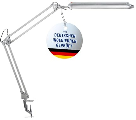 MAUL LED Tischlampe silber MAULatlantic Klemmfuß flexibler Doppelarm | tageslichtweißes Arbeitslicht, flexibel ausrichtbarer Kopf, platzsparende Tischklemme, GS-geprüft, wechselbare Lichtquelle