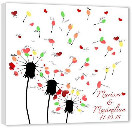 galleryy.net Hochzeitsbaum Fingerabdruck 60x60 mit NAMEN & DATUM - INKL Zubehör-Set (Stempelkissen+Stift+Anleitung+Hochzeitsbuch+...) - Pusteblume - Fingerabdruck Baum Leinwand