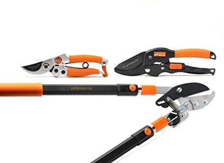Gartenpaul 3er Set mit 6-fach Teleskop Ratschen Astschere inkl. beidseitiger Amboss Klinge + Rollschere R1 + Bypass Damengartenschere Lady