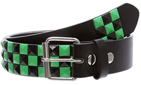 Snap On Punk Rock Black & Green Star Studded Checker Board Leather Belt, Black/Green | m 33-35