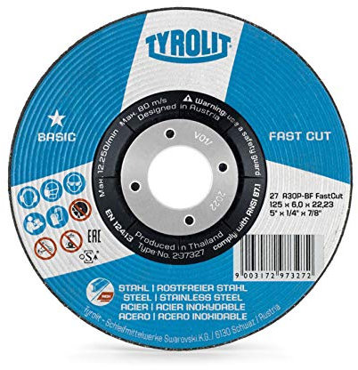 Tyrolit 297327 Basic Fastcut 2In1 Disco De Desbaste, 27, A30P-Bf, 125 X 6.0 X 22.23 Mm Dimensiones, Caja De 10