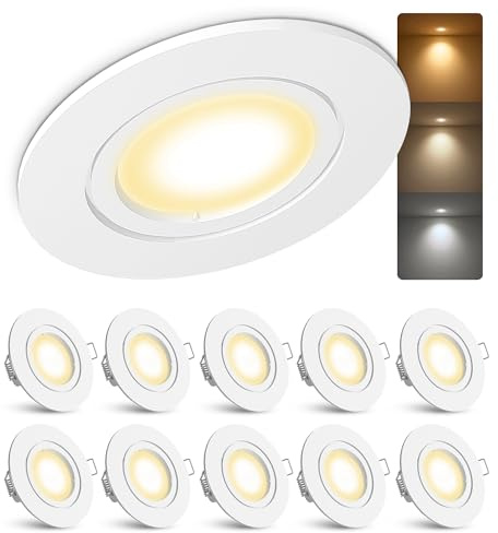 linovum 10x LED Einbaustrahler Set weiß lackiert matt rund GU10 6W drei einstellbaren Lichtfarben 3CCT 230V Einbauleuchte Anschluss ohne Trafo inkl. GU10 Fassung