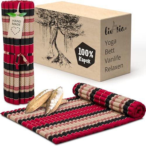 livasia Rollmatte Rollmatratze L breit bequem - 200x110x4,5cm - Gästebett Gästematratze 1 Person, Reisebett Kofferraum Outdoor, Thaimatte Kapok Garten Balkon handgefertigt (Rot/Schwarz)