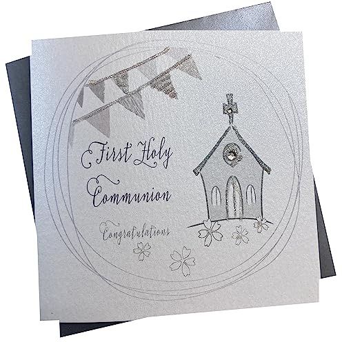 vita bomullskort First Holy Communion gratulationer handgjort kort, silver, PD67