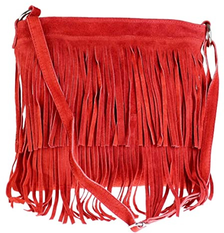 Girly Handbags Womens Large Genuine Suede Fringe Shoulder Bag Crossbody Slouch Elegant - Red