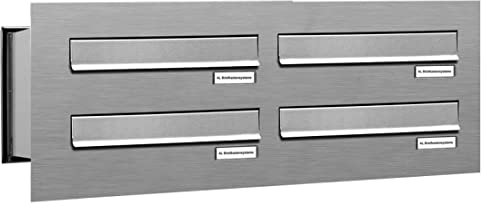AL Briefkastensysteme 4er Briefkasten Mauerdurchwurf in V2A Edelstahl, 4 Fach DIN A4, wetterfeste Premium Briefkastenanlage Postkasten