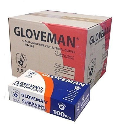 VINYL GLOVES - POWDER FREE, NON LATEX AND CLEAR, 1 Case (10 boxes of 100 gloves, 1,000 gloves total), SIZE MEDIUM - NEW- CASE DEAL