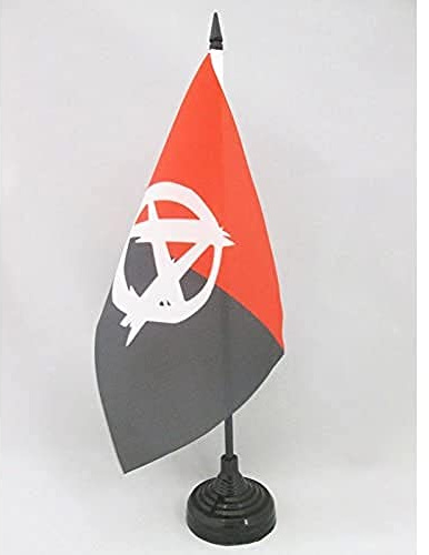 AZ FLAG Drapeau de Table Anarcho-syndicalisme symbole 21x14 cm | Usage intérieur Drapeau de bureau anarchique finition cousue et bords renforcés avec mât en plastique et socle en plastique