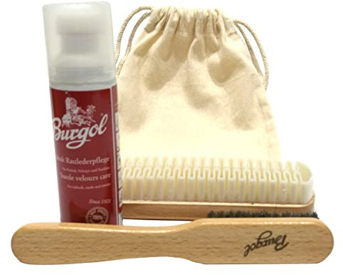 BURGOL Schuhputzset für Nubuk und Wildlederpflege Profi Schuhpflegeset für Raulederschuhe mit Bronzedrahtbürste, Lamellenbürste, Nubuk Lederpflege und Baumwollbeutel zur Aufbewahrung: Farbe: Rot