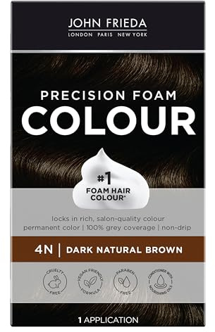 John Frieda Precision Foam Colour, Dark Natural Brown 4N, Full-coverage Hair Color Kit, Anti-Fade Gray Coverage, Deep Color Saturation Hair Dye, 1 Application