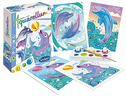 SentoSphère - AQUARELLUM MINI - DAUPHINS 4 PLANCHES - Kit peinture - Peinture Aquarellable Magique - A partir de 5 ans - fabriqué en France, Bunt, Bleu (Ou Nuances)